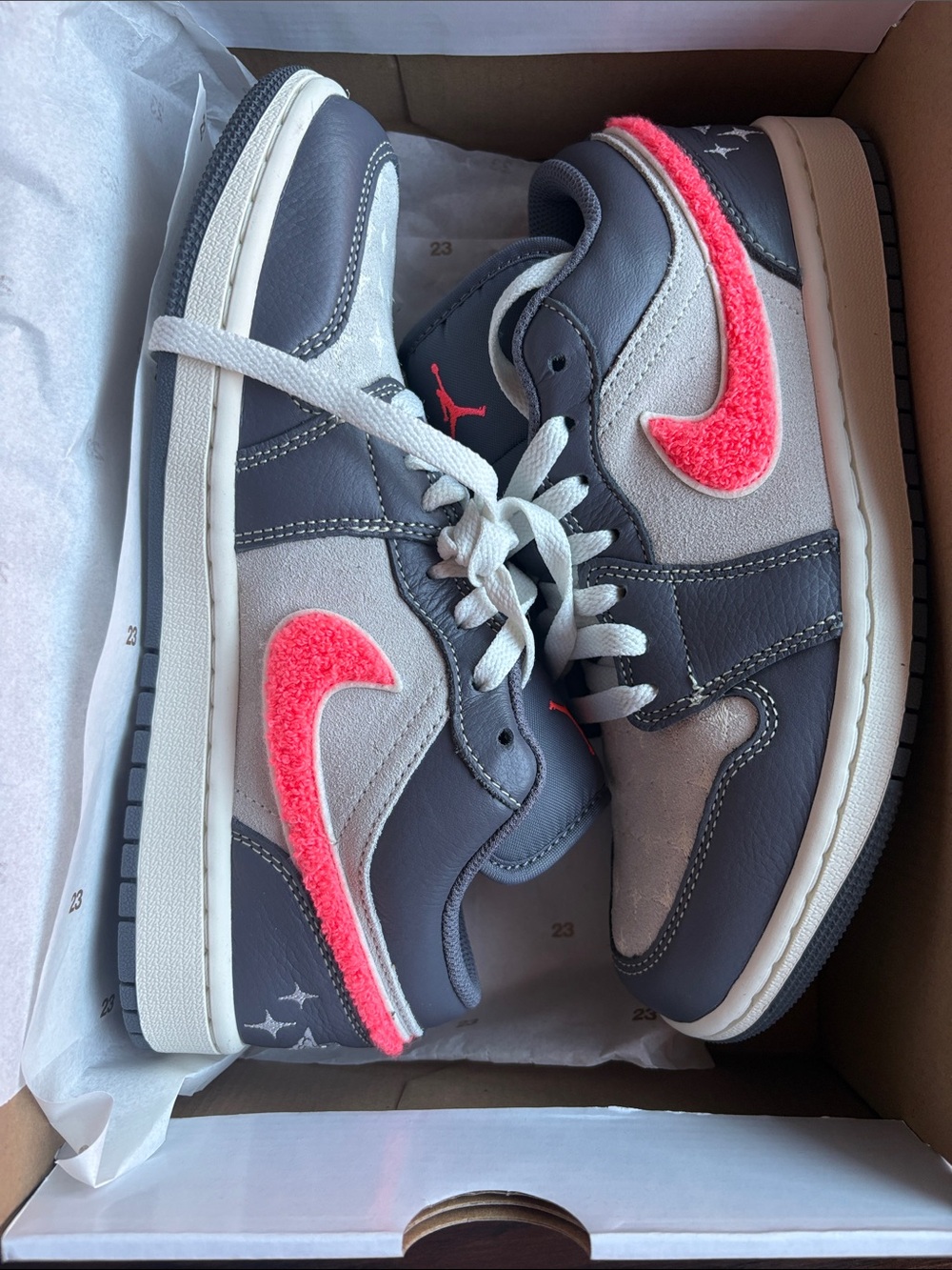 NWT In Box - Air Jordan 1 Low Graphite, Light Gray, & Neon Pink